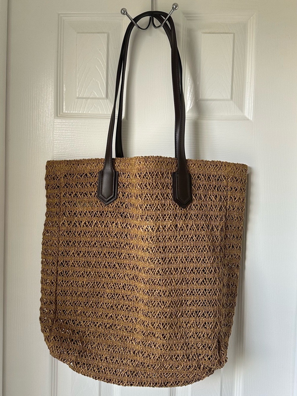 Old Navy Tan Woven Straw Tote with Dark Brown Handles